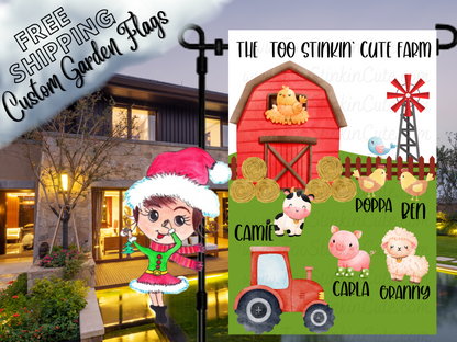 Too Stinkin' Cute Farm garden flag with a red barn, windmill and named cartoon farm animals shown at dusk with a red tractor.
