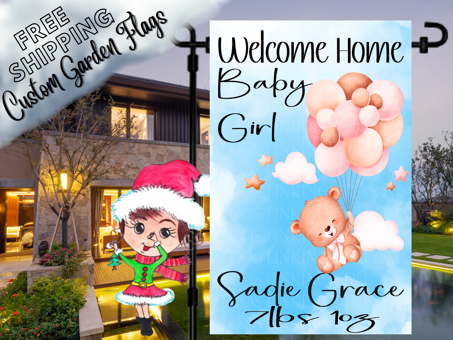 New Baby Girl Teddy Bear Garden Flag, Baby Announcement Flag