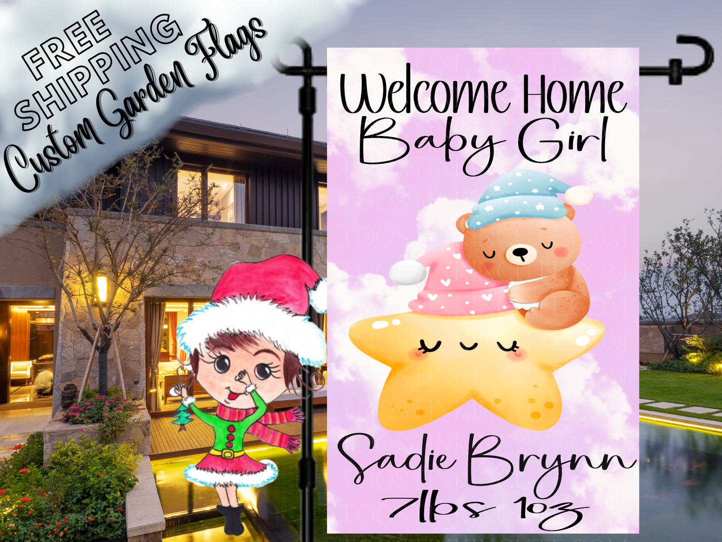 Bear on Star Newborn Baby Girl Garden Flag