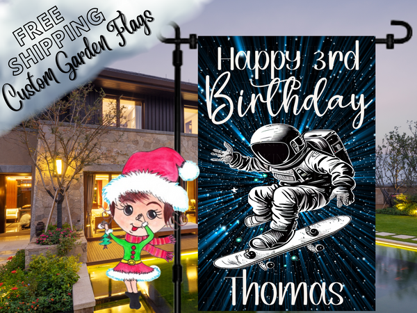 Galaxy Outer Space Birthday Astronaut Skateboard Garden Flag