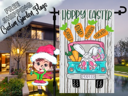Close-up mockup of a white wood-print Easter flag with turquoise truck, bunny feet, colorful eggs and named carrots.