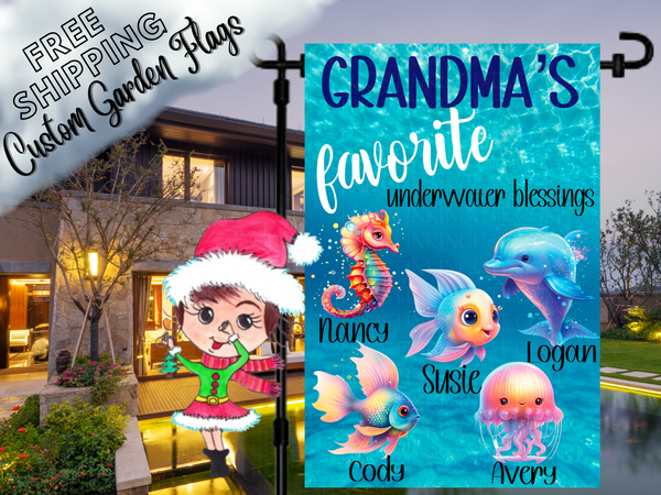 Grandma's Underwater Sea Creatures Garden Flag, Grandma Ocean Garden Flag