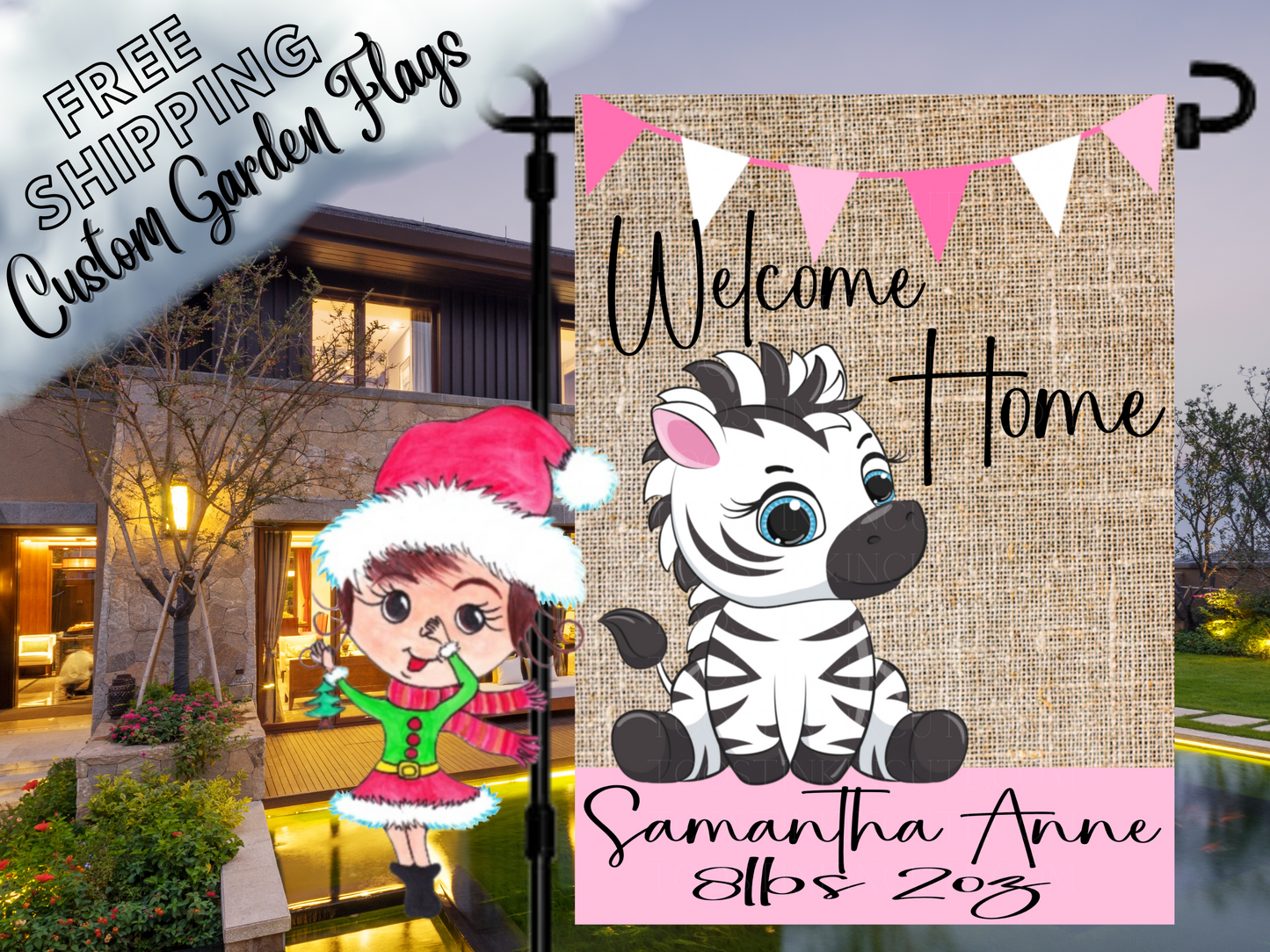 Baby Girl Zebra Garden Flag, Newborn Baby Flag