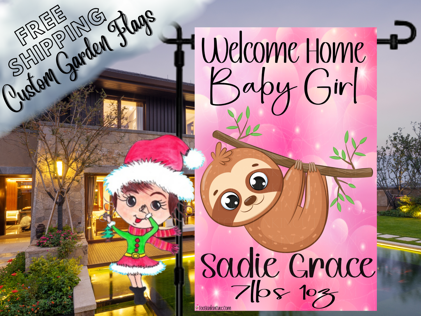 Sloth Baby Girl Garden Flag,  Newborn Baby Flag