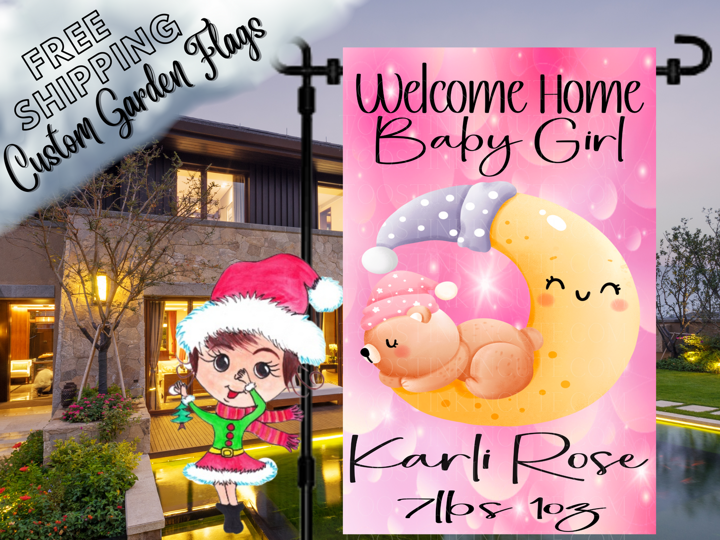 Baby Announcement New Baby Girl Bear on Cloud Garden Flag