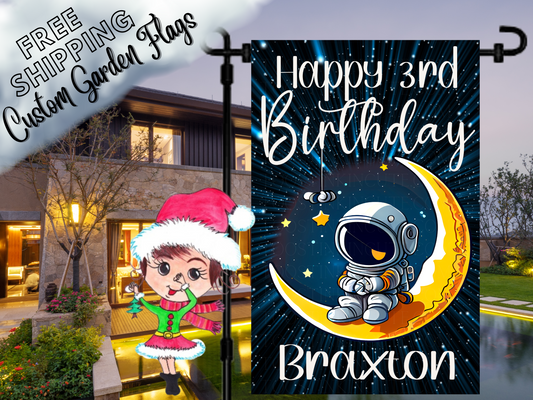 Outer Space Birthday Flag, Astronaut Moon Garden Flag