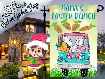 Nana's Easter Bunch garden flag with a turquoise truck, bunny feet and named carrots shown at dusk.