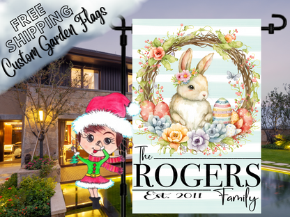 Mint striped garden flag mockup with a flower-crowned bunny, Easter eggs, floral wreath and Rogers family name.