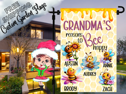 Grandma’s Reasons to Bee Happy garden flag with five named cartoon bees, colorful flowers, a purple heading and honeycomb design. Shown at dusk.