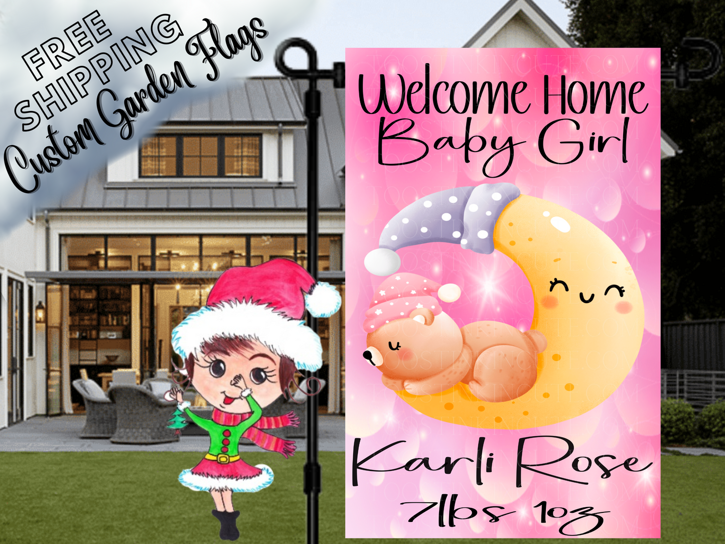 Baby Announcement New Baby Girl Bear on Cloud Garden Flag