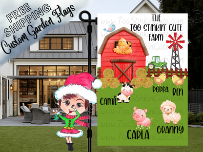 Too Stinkin' Cute Farm garden flag with a red barn, windmill and named cartoon farm animals in front of a porch.