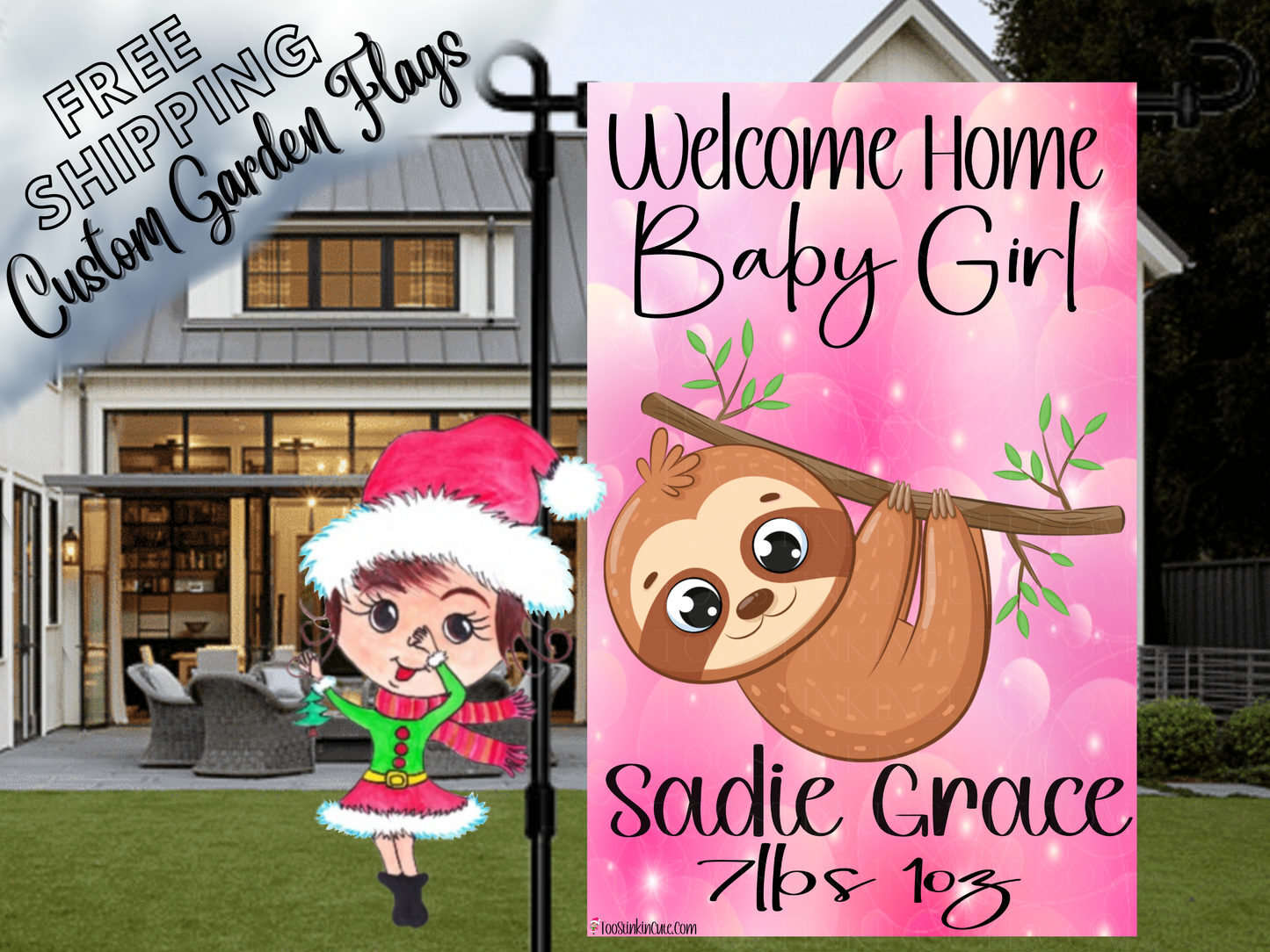 Sloth Baby Girl Garden Flag,  Newborn Baby Flag