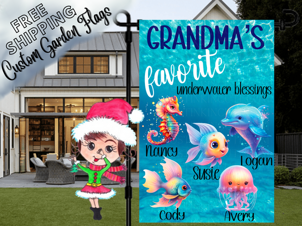Grandma's Underwater Sea Creatures Garden Flag, Grandma Ocean Garden Flag
