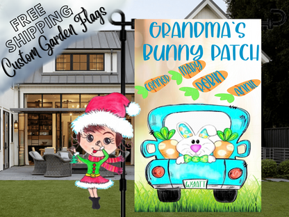 Grandma's Bunny Patch garden flag mockup with a turquoise truck, smiling bunny and named carrots.