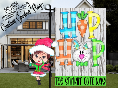 Hip Hop Easter garden flag mockup with colorful lettering, a carrot, bunny face and white wood-print background.