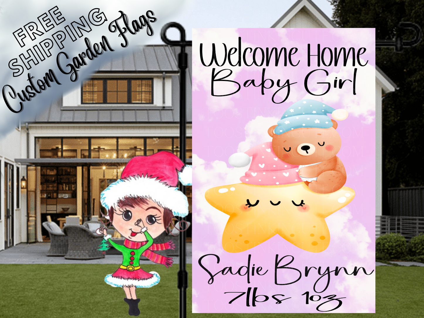 Bear on Star Newborn Baby Girl Garden Flag