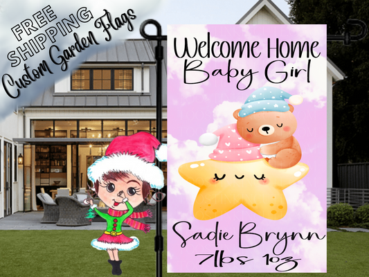 Bear on Star Newborn Baby Girl Garden Flag