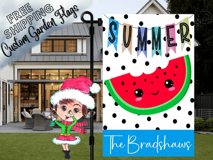 Summer garden flag mockup with a smiling watermelon slice, colorful pennants, black polka dots and family name.