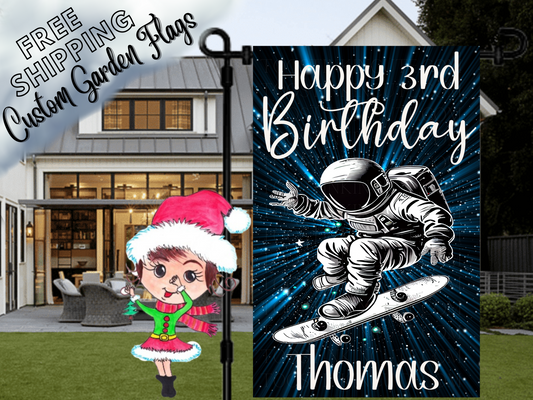 Galaxy Outer Space Birthday Astronaut Skateboard Garden Flag