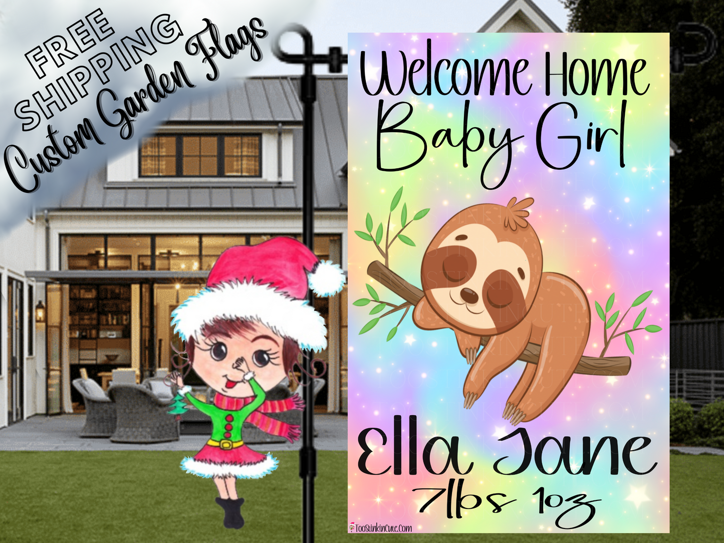 Sloth Baby Girl Garden Flag