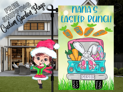 Nana's Easter Bunch garden flag with a turquoise truck, bunny feet and named carrots in front of a porch.