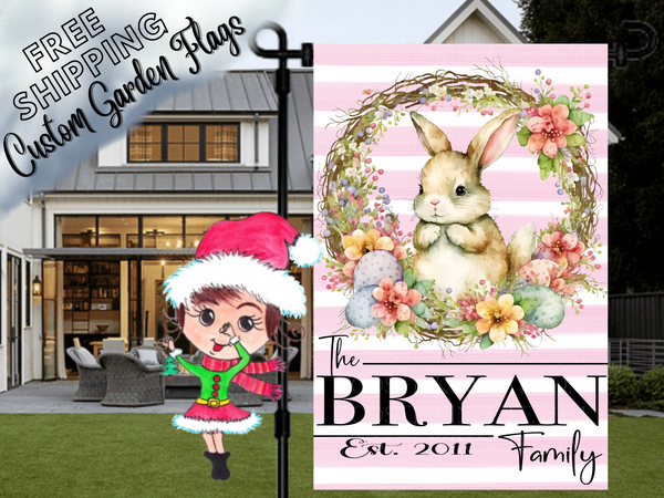 Easter Bunny Wreath Personalized Garden Flag