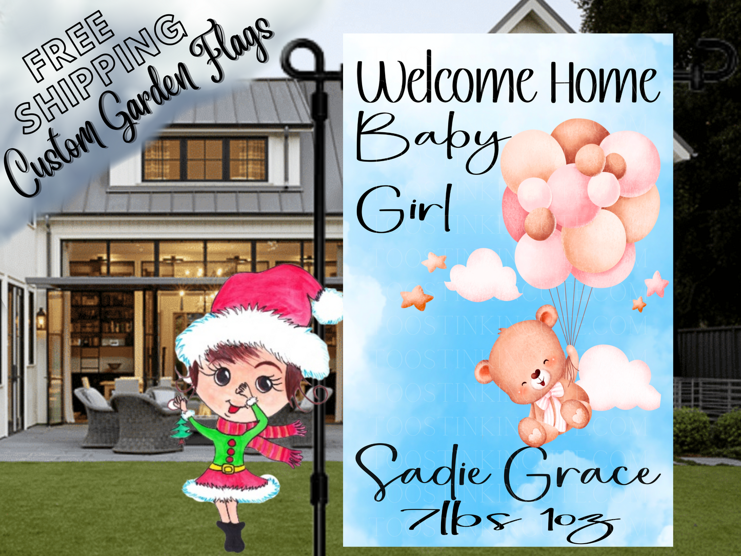 New Baby Girl Teddy Bear Garden Flag, Baby Announcement Flag