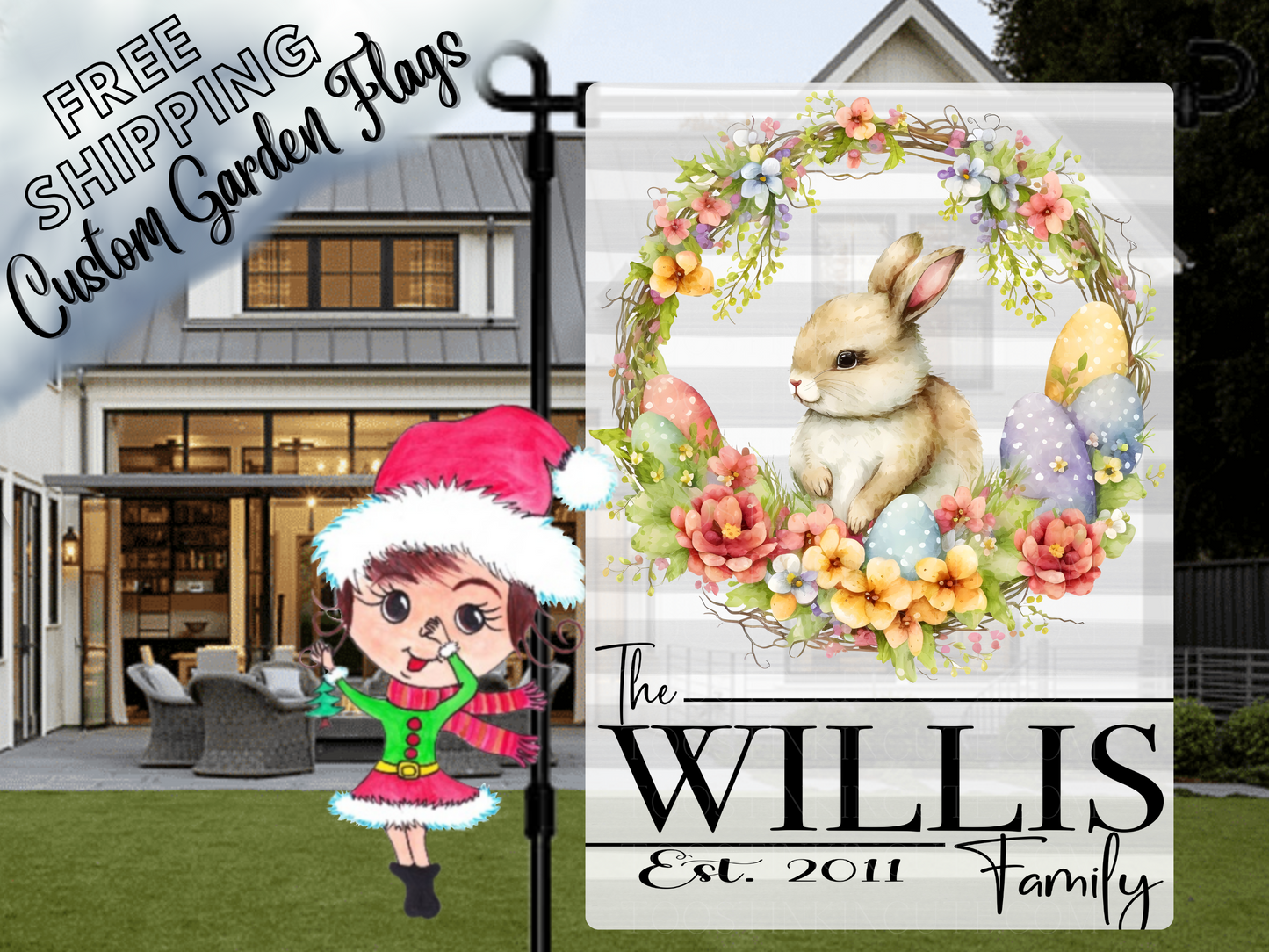 Easter Bunny Wreath Personalized Garden Flag