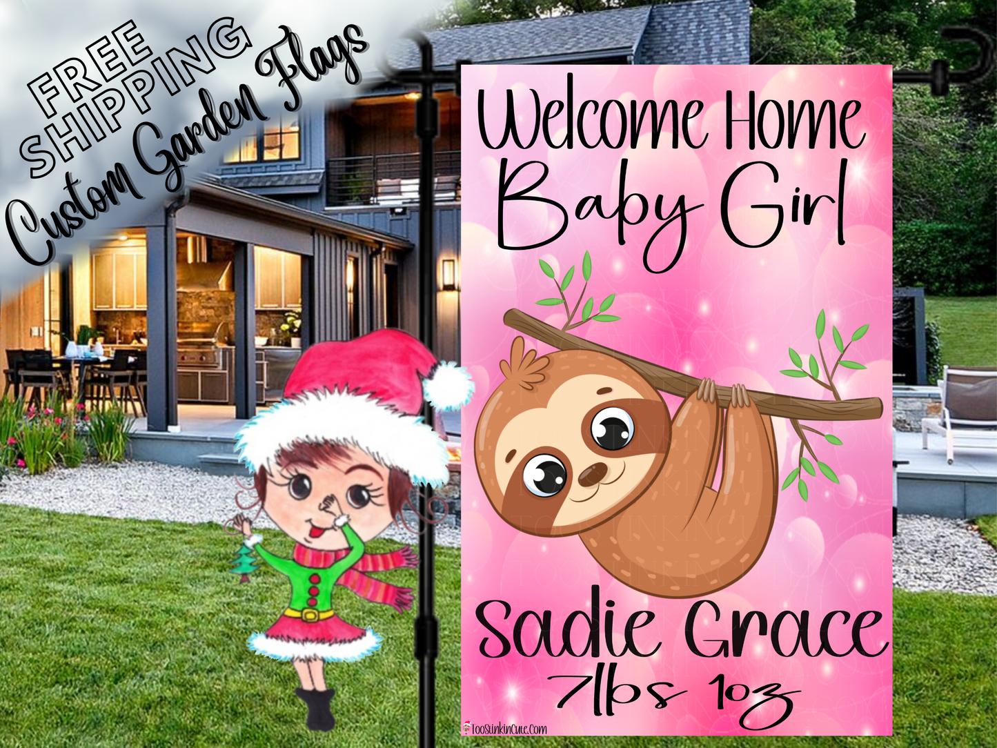Sloth Baby Girl Garden Flag,  Newborn Baby Flag