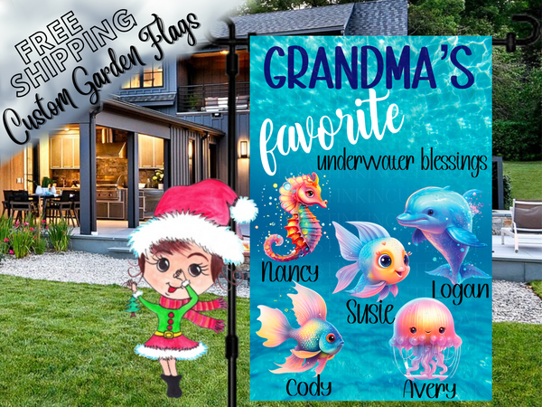 Grandma's Underwater Sea Creatures Garden Flag, Grandma Ocean Garden Flag