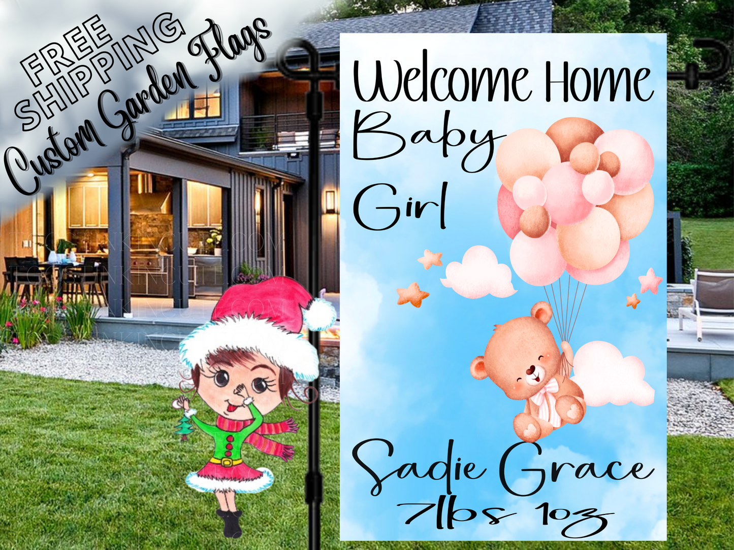 New Baby Girl Teddy Bear Garden Flag, Baby Announcement Flag