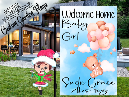 New Baby Girl Teddy Bear Garden Flag