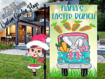 Nana's Easter Bunch garden flag with a turquoise truck, bunny feet and named carrots outside a house.