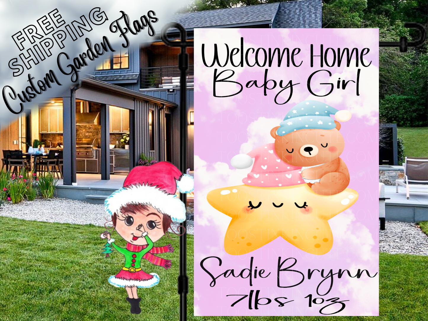 Bear on Star Newborn Baby Girl Garden Flag