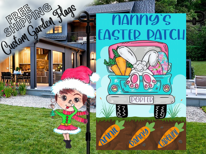 Nanny's Easter Patch garden flag with a turquoise truck, bunny feet and named carrots in soil outside a house.