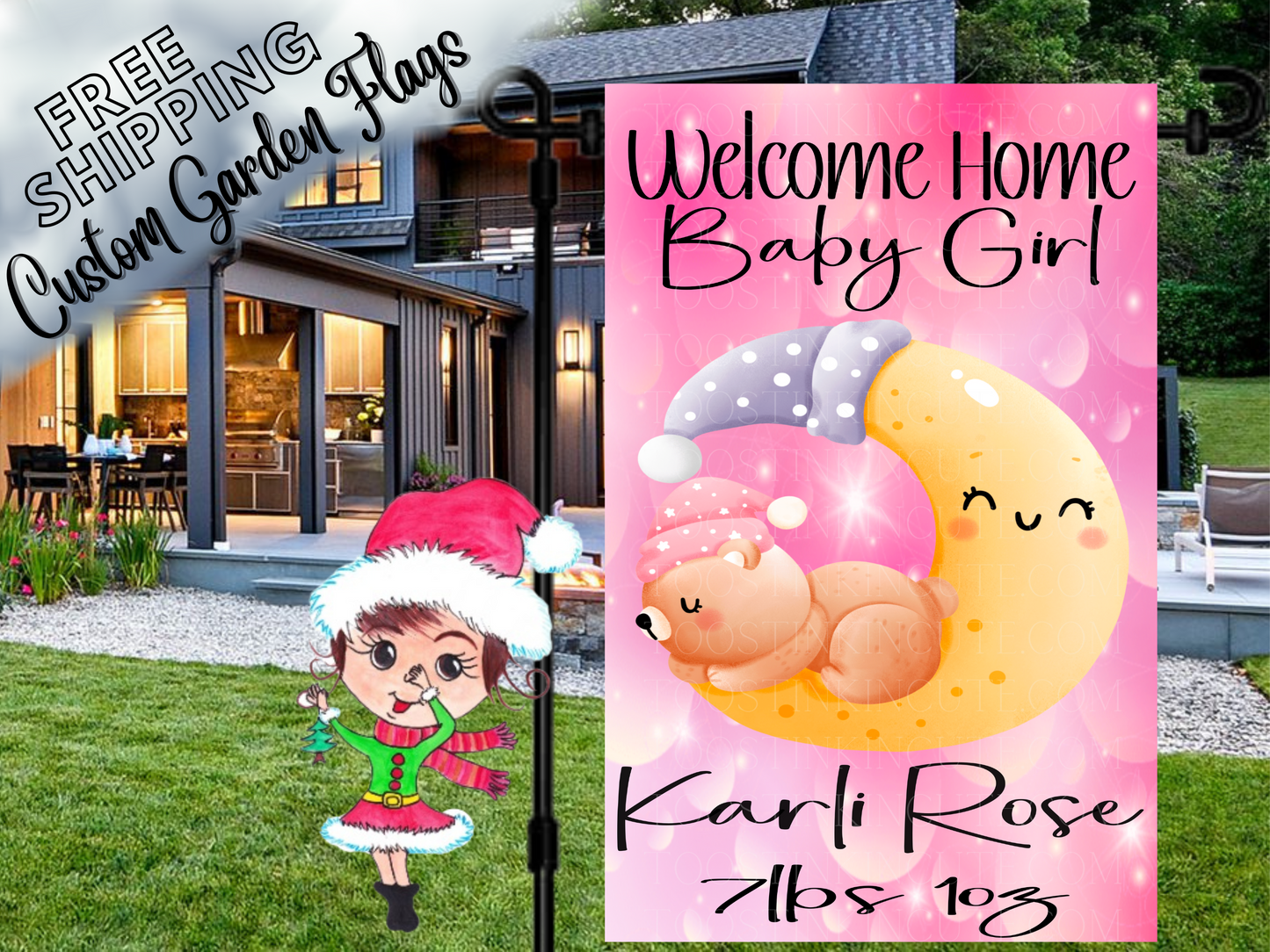 Baby Announcement New Baby Girl Bear on Cloud Garden Flag