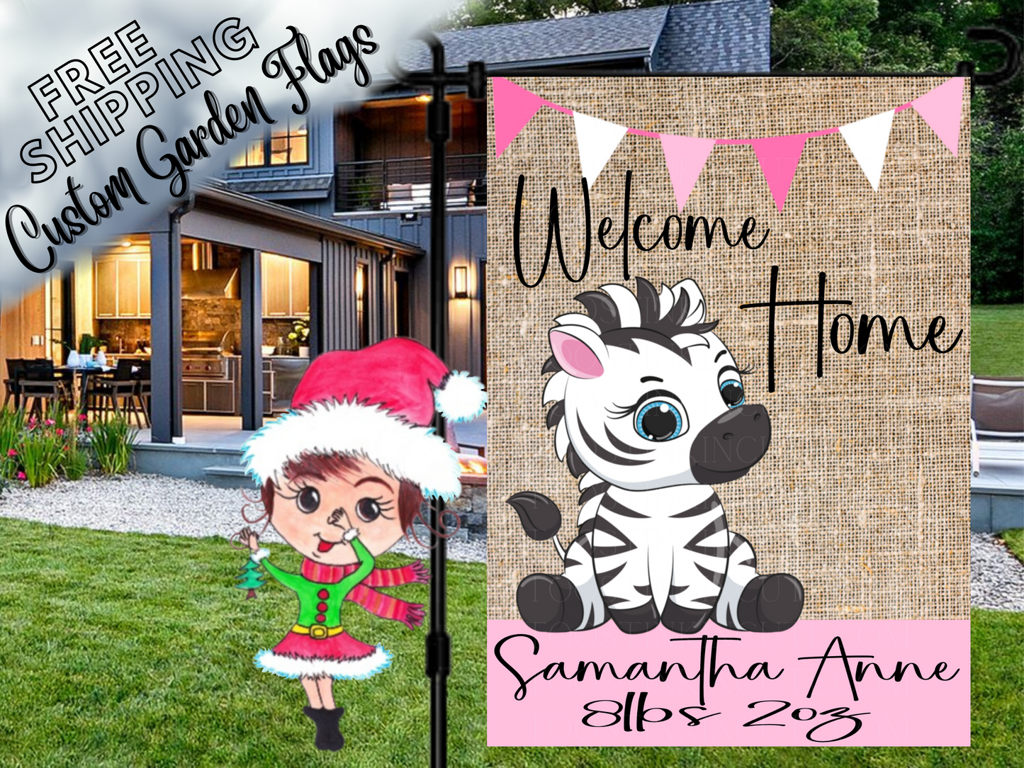 Baby Girl Zebra Garden Flag, Newborn Baby Flag