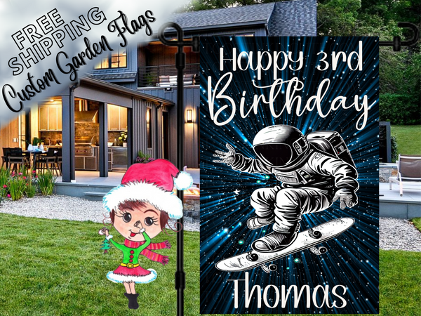 Galaxy Outer Space Birthday Astronaut Skateboard Garden Flag