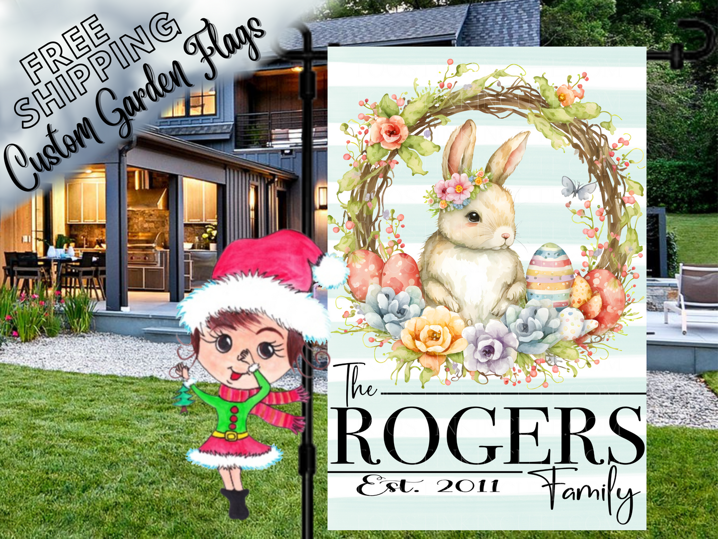 Bunny Easter Wreath Personalized Garden Flag