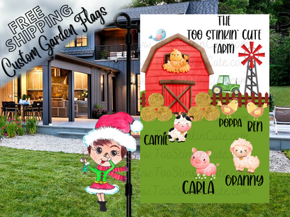 Too Stinkin' Cute Farm garden flag with a red barn, windmill and named cartoon farm animals outside a house.