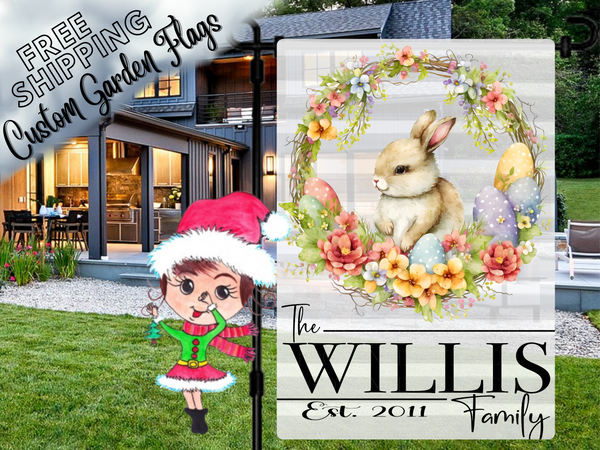 Easter Bunny Wreath Personalized Garden Flag