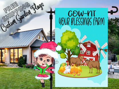 Cow-nt Your Blessings Farm garden flag mockup with brown cows, chickens, a red barn and windmills on turquoise.