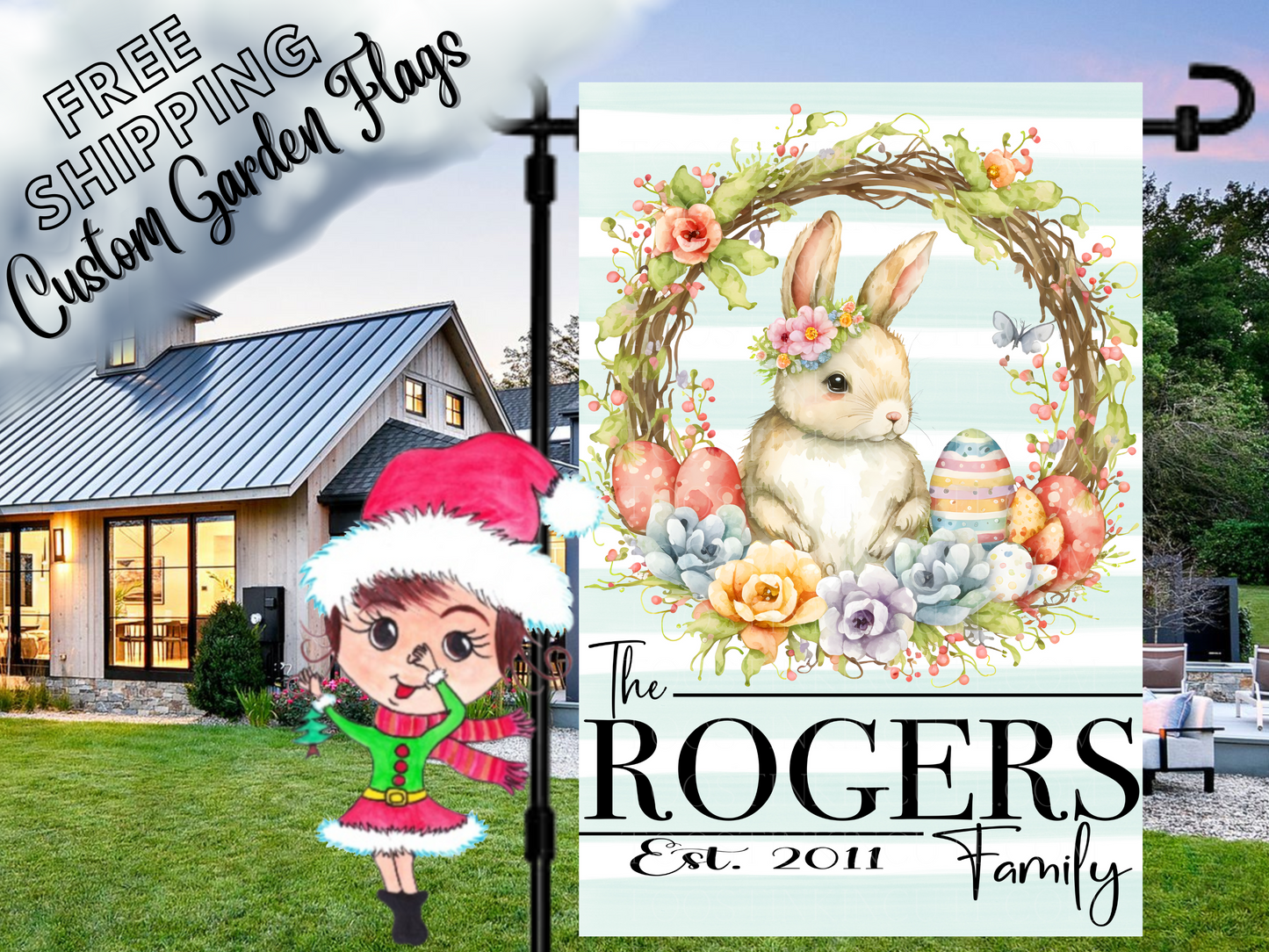 Bunny Easter Wreath Personalized Garden Flag