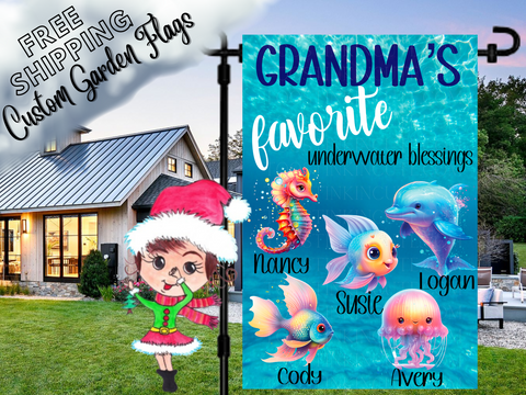 Grandma's Underwater Sea Creatures Garden Flag, Grandma Ocean Garden Flag