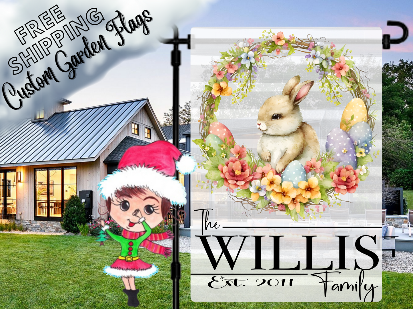 Easter Bunny Wreath Personalized Garden Flag