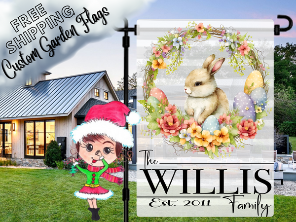 Easter Bunny Wreath Personalized Garden Flag