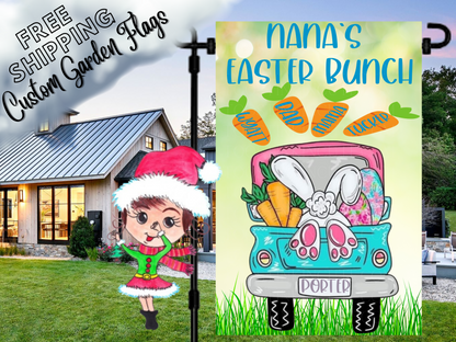 Nana's Easter Bunch garden flag with a turquoise truck, bunny feet and named carrots beside a white house.