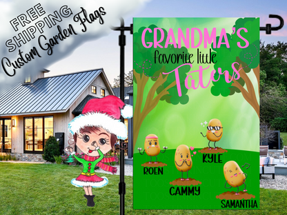 Grandma's Favorite Little Tators garden flag with named potatoes and leafy trees, shown beside a white house.