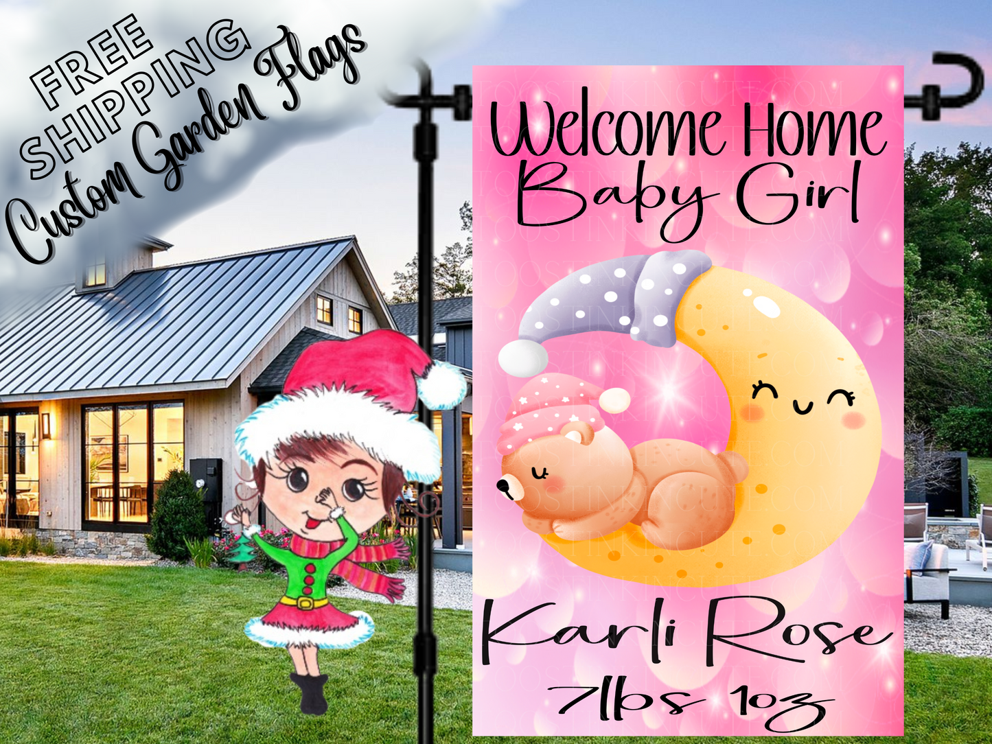 Baby Announcement New Baby Girl Bear on Cloud Garden Flag