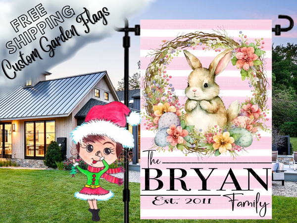 Easter Bunny Wreath Personalized Garden Flag
